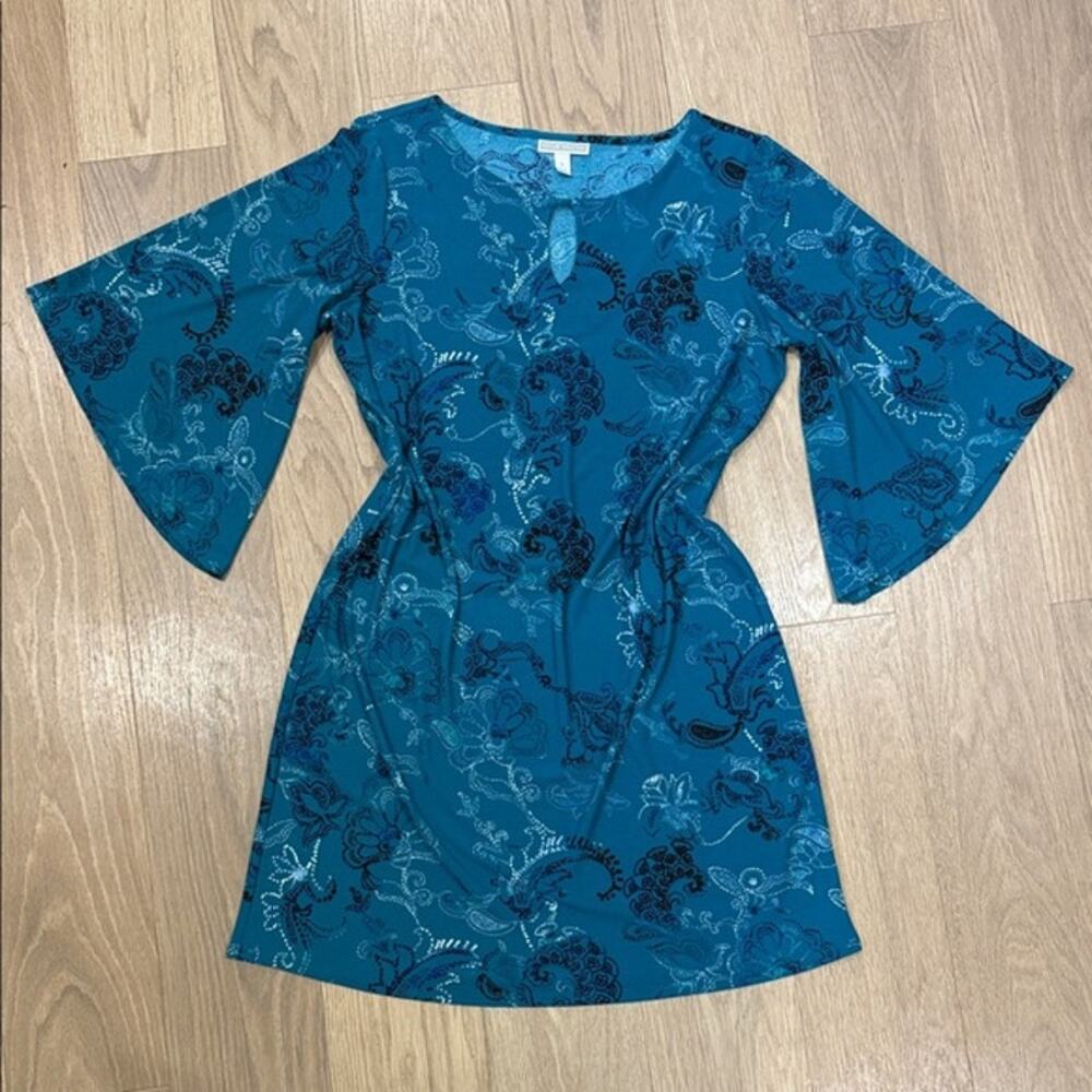 Dana Buchman Teal Floral Bell-Sleeve Mini Dress Size Large